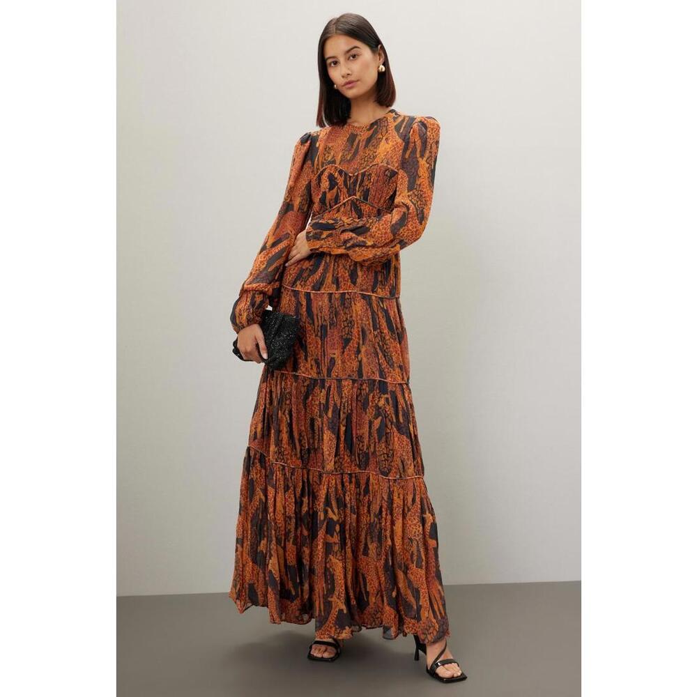 FARM Rio Orange and Black Printed Tiered Long Dress